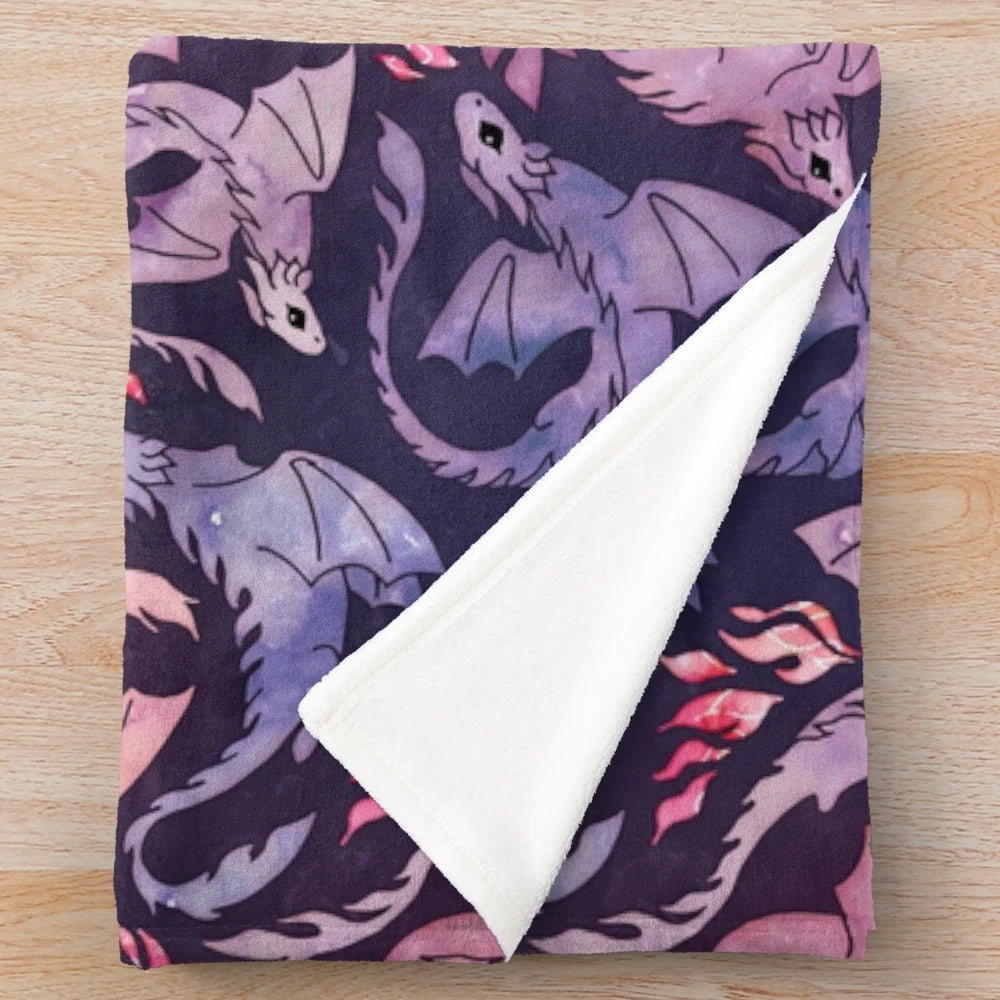 Plush dragon-themed blanket with a seamless watercolor design in dark pink and purple hues