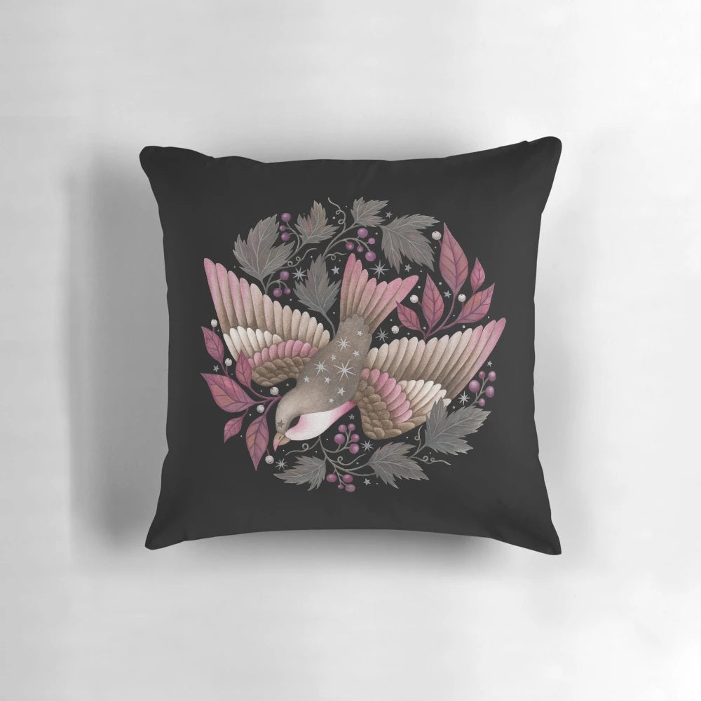 Autumn-inspired throw pillow with a whimsical bird and leaf design, perfect for a cozy, witchy home decor.