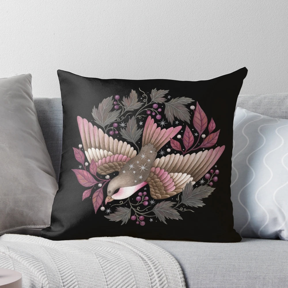 Autumn-inspired throw pillow with a whimsical bird and leaf design, perfect for a cozy, witchy home decor.