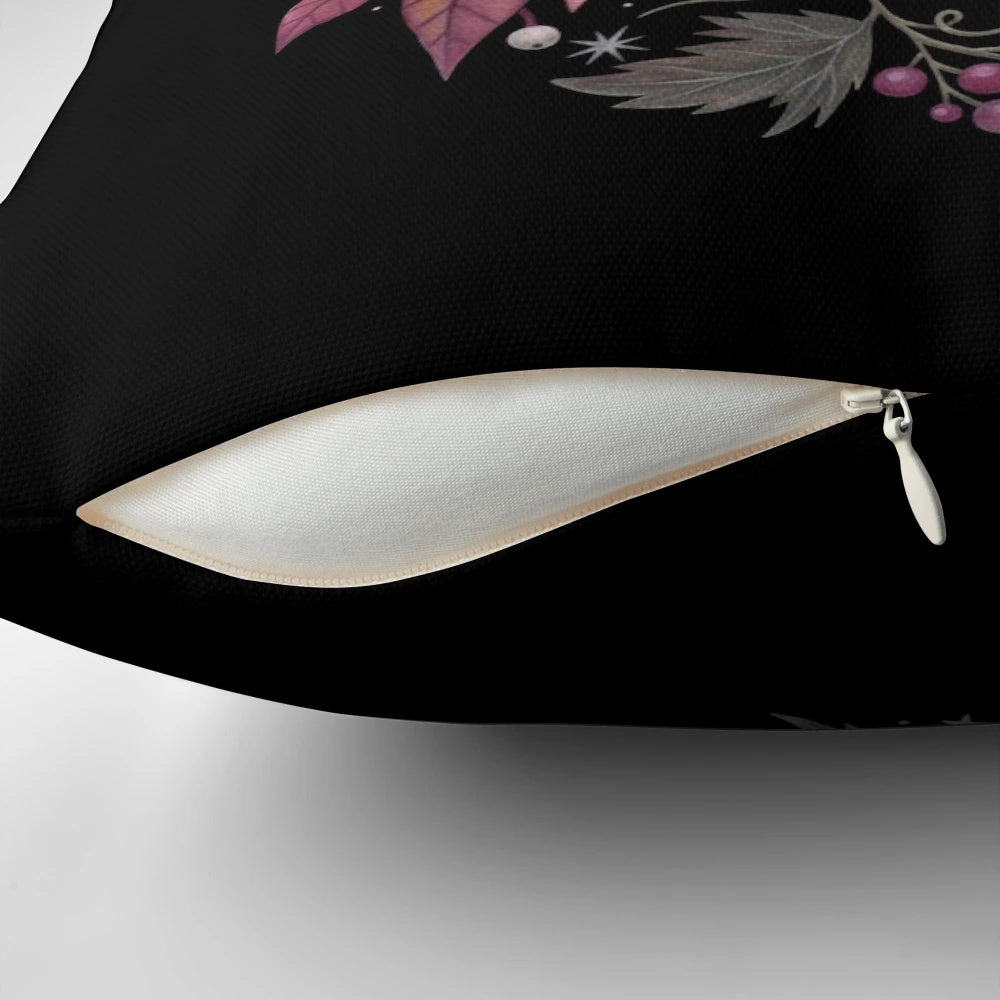 Autumn-inspired throw pillow with a whimsical bird and leaf design, perfect for a cozy, witchy home decor.