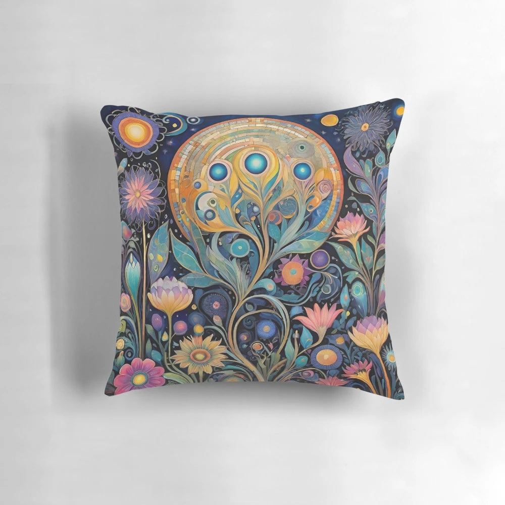 A vibrant, psychedelic-inspired floral pillow featuring a magical, cosmic design.