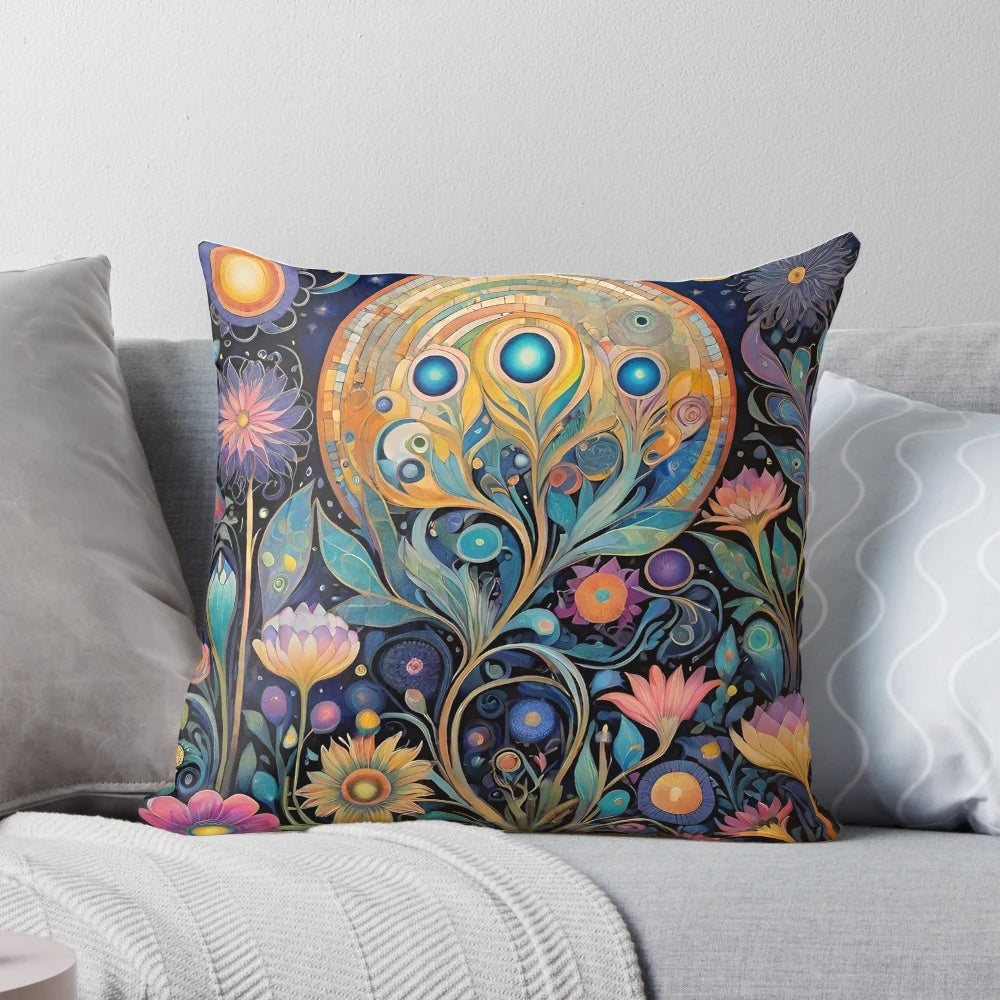 A vibrant, psychedelic-inspired floral pillow featuring a magical, cosmic design.