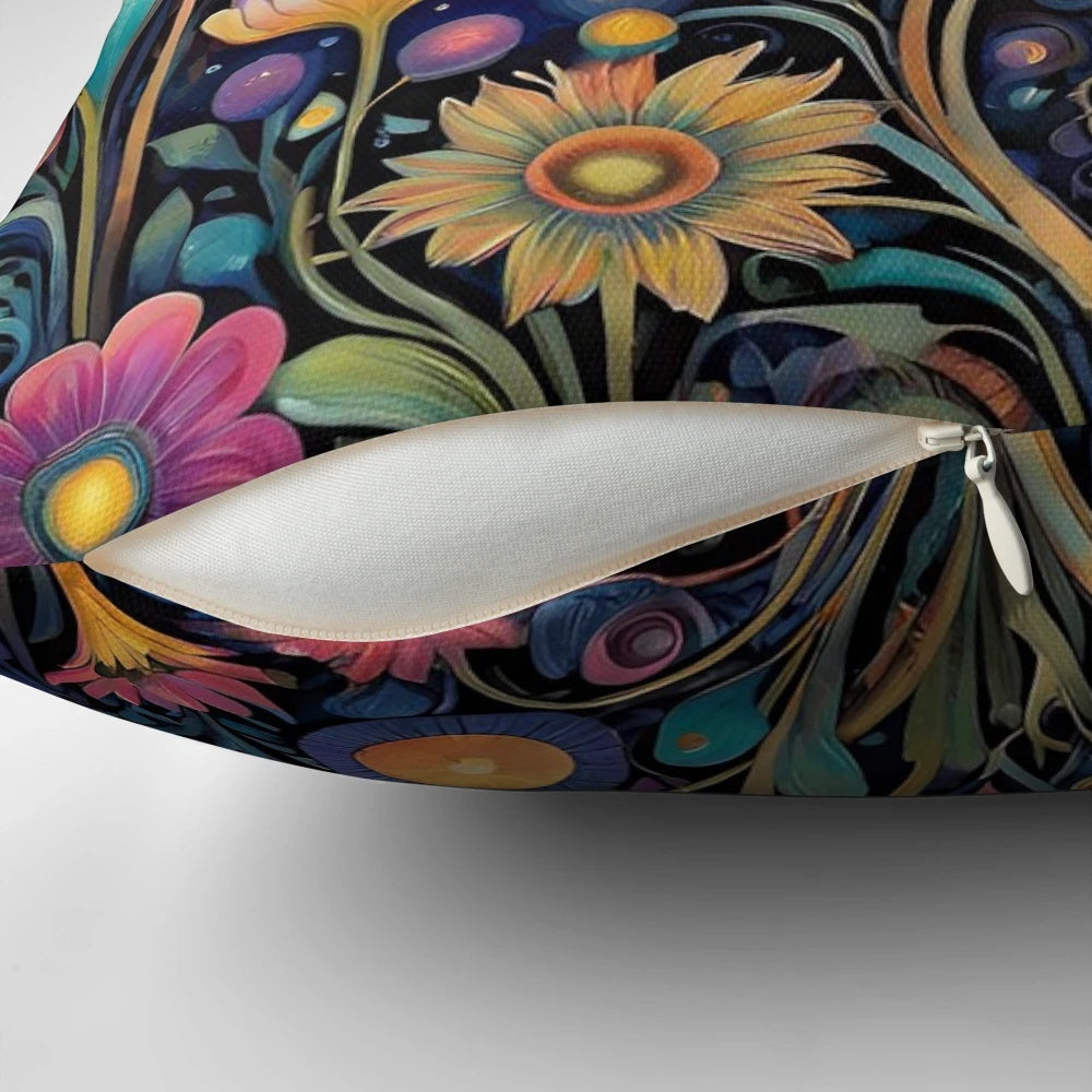 A vibrant, psychedelic-inspired floral pillow featuring a magical, cosmic design.