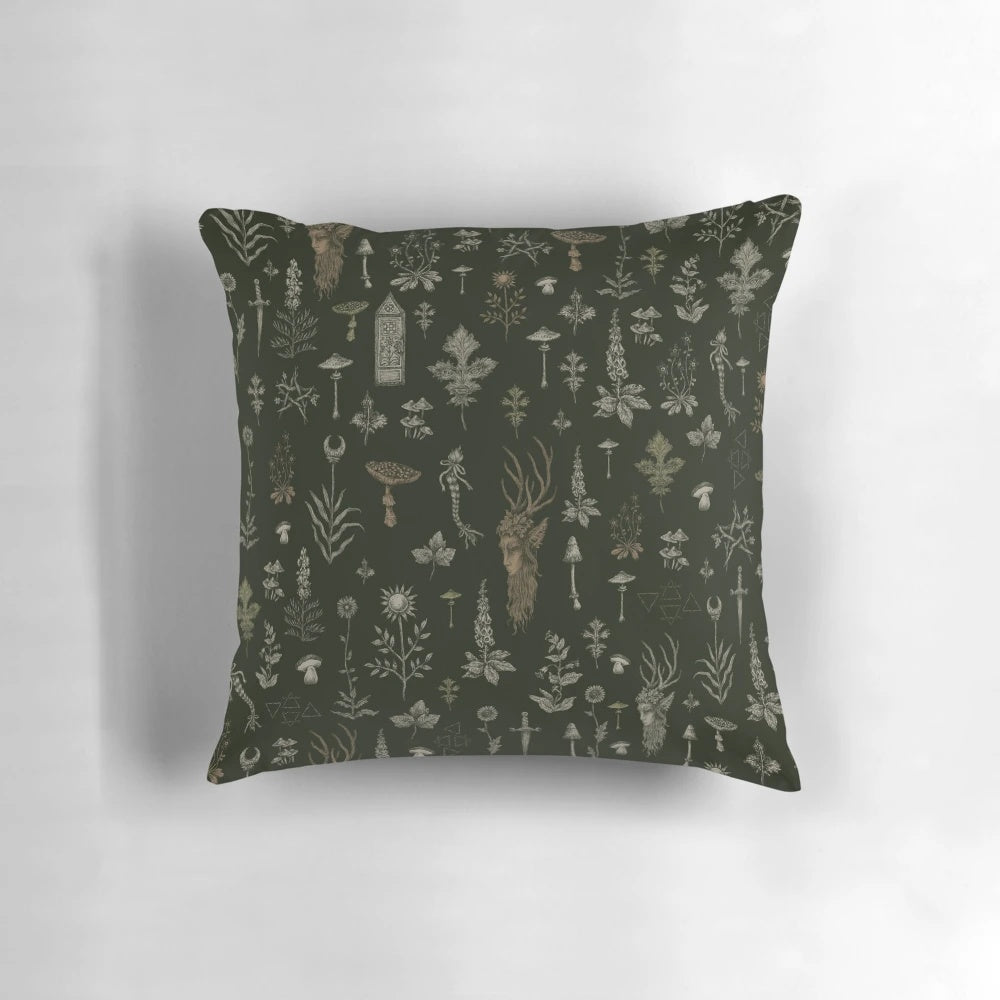 Decorative forest and field-themed guardian pillow with pagan, spooky, and nature-inspired motifs.