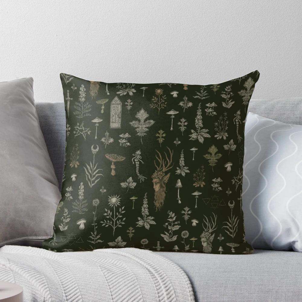 Decorative forest and field-themed guardian pillow with pagan, spooky, and nature-inspired motifs.