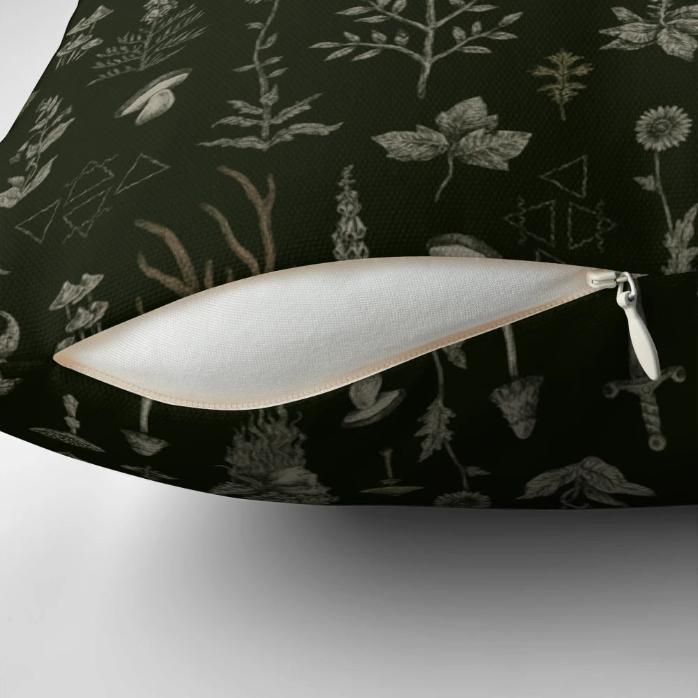 Decorative forest and field-themed guardian pillow with pagan, spooky, and nature-inspired motifs.