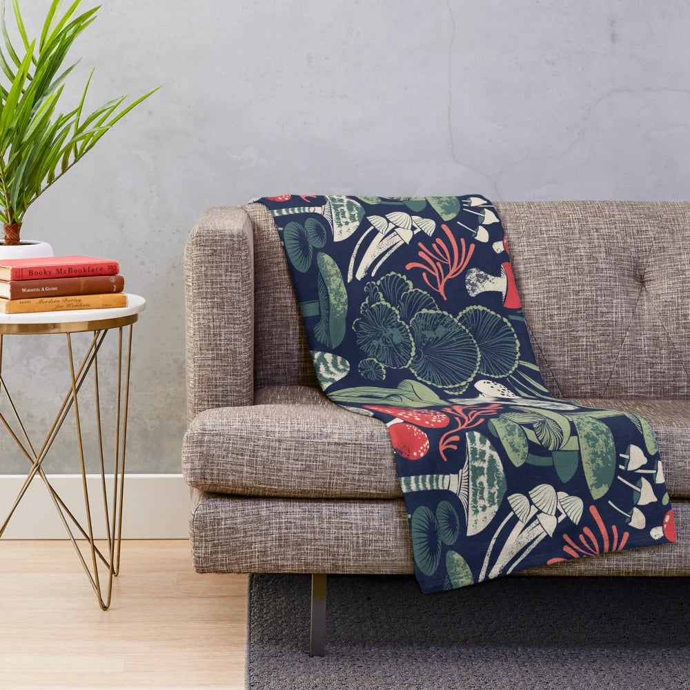 Mystical fungi plush blanket with midnight blue background, sage and forest green, red and coral wild mushrooms