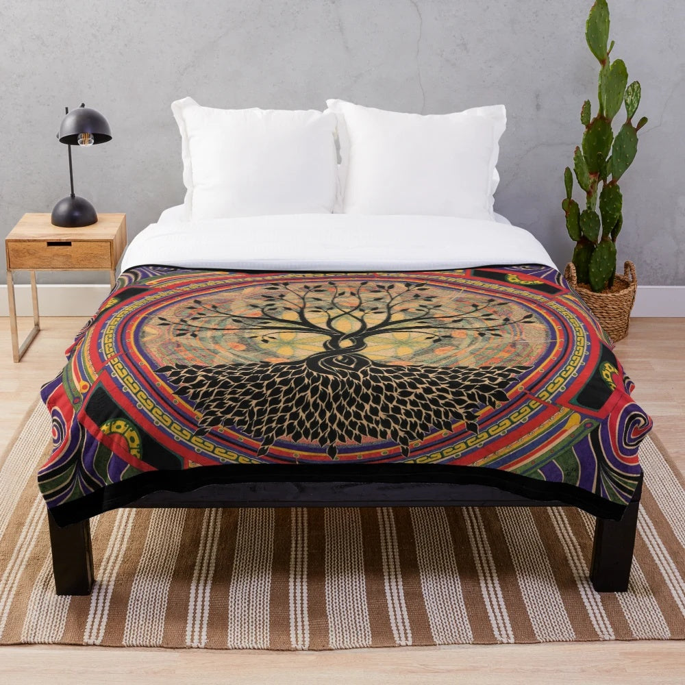 Mystical life tree plush blanket with sacred geometry and visionary psychedelic design