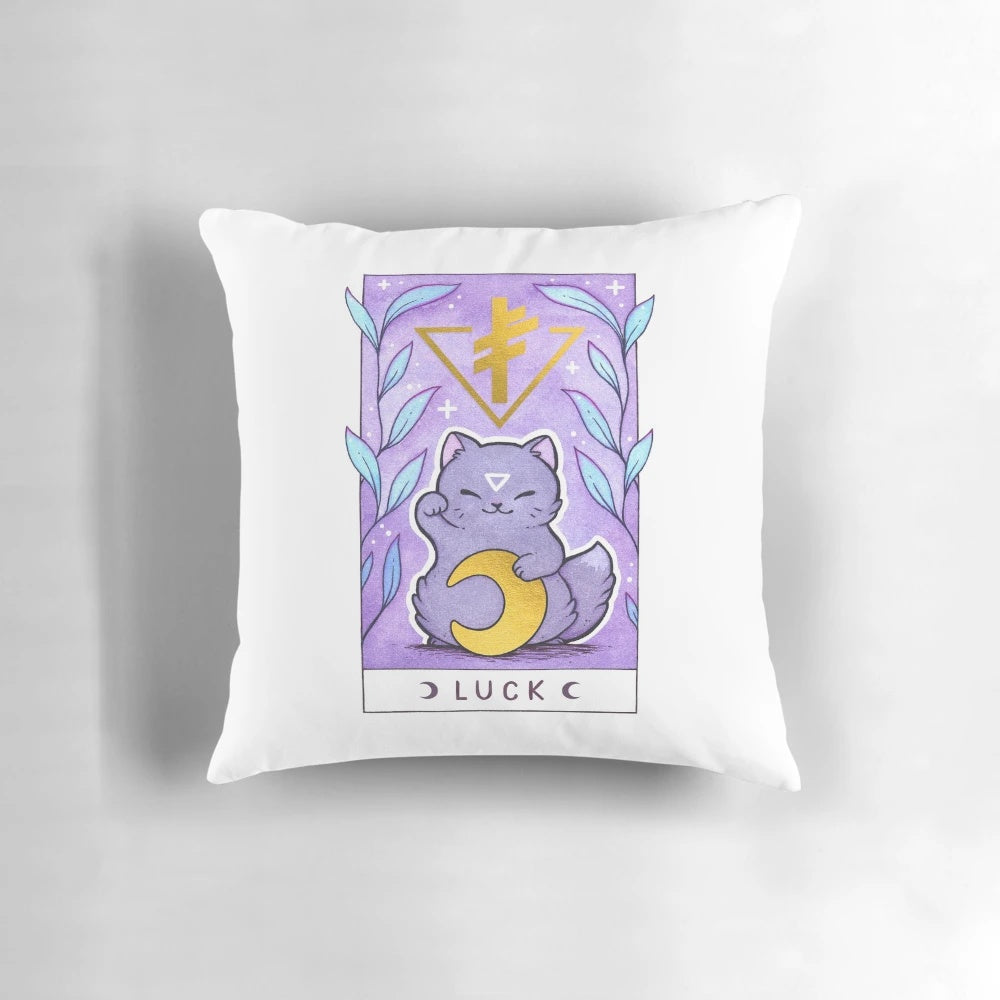 Mystical Lucky Rune Cat Pillow with a black cat and purple accents