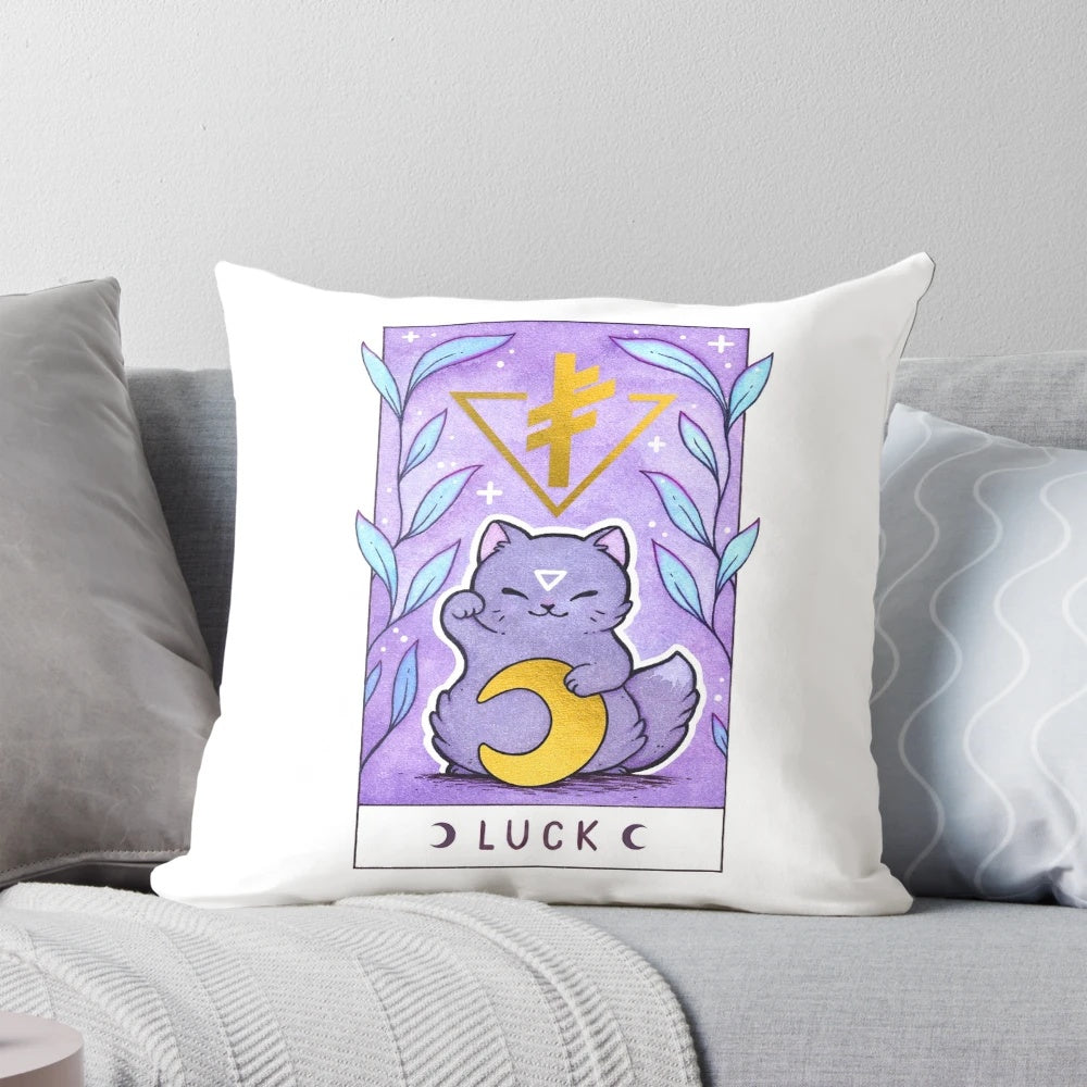 Mystical Lucky Rune Cat Pillow with a black cat and purple accents