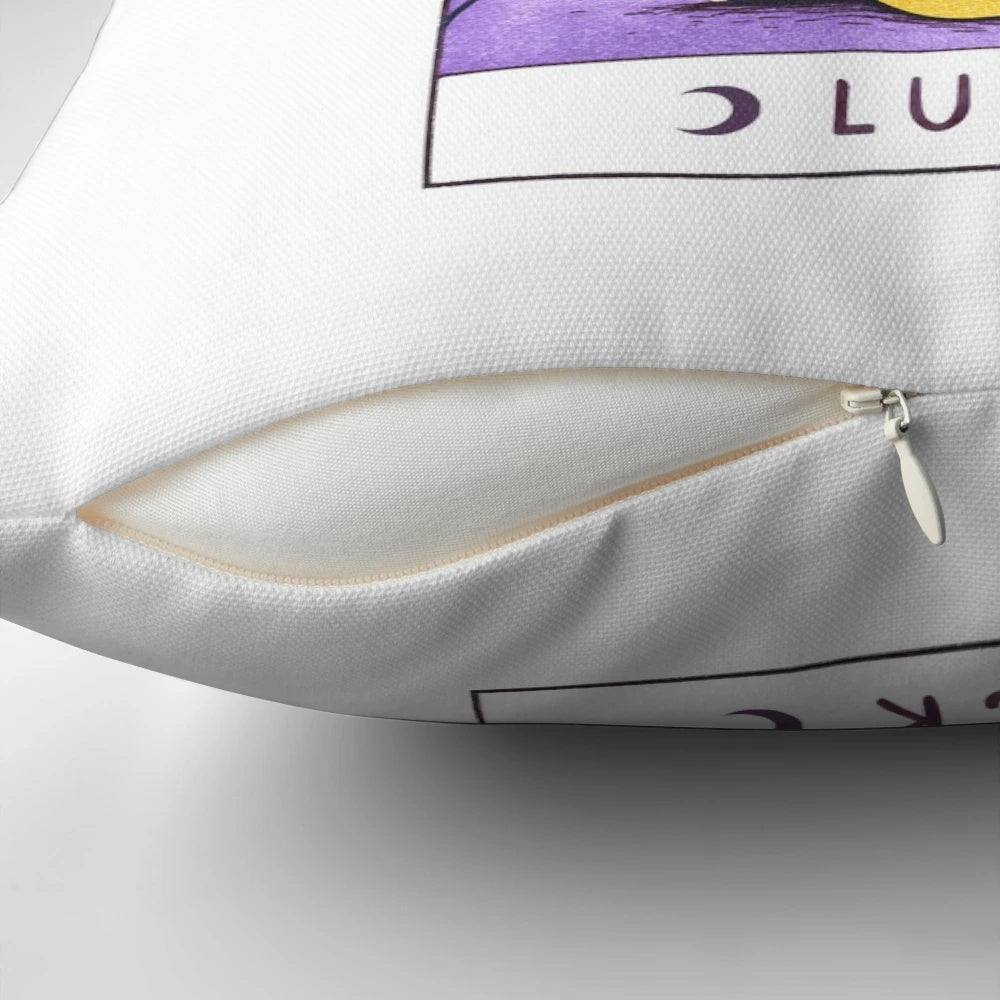 Mystical Lucky Rune Cat Pillow with a black cat and purple accents