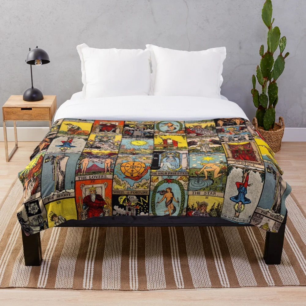 Plush blanket featuring the major arcana tarot symbols and imagery