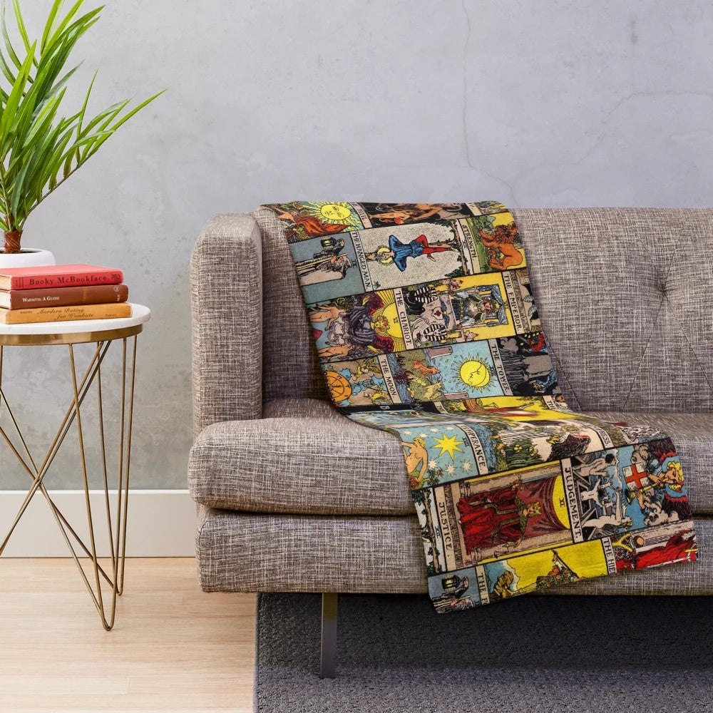 Plush blanket featuring the major arcana tarot symbols and imagery