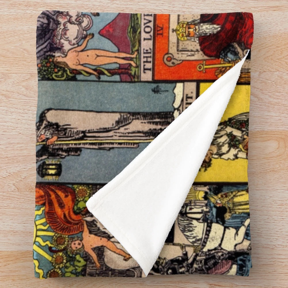 Plush blanket featuring the major arcana tarot symbols and imagery