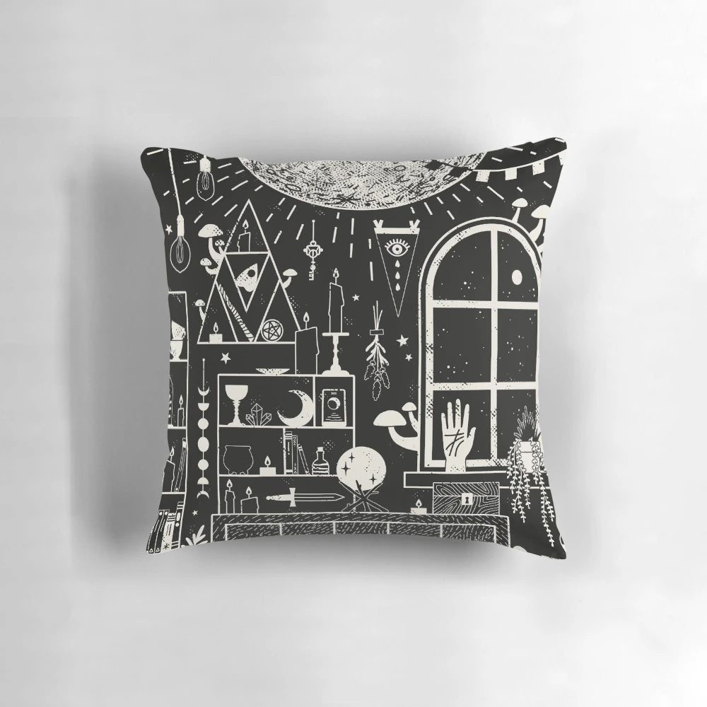 Moon-themed pillow with occult and supernatural design, perfect for witchy altars and shrines.