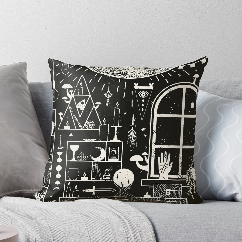 Moon-themed pillow with occult and supernatural design, perfect for witchy altars and shrines.