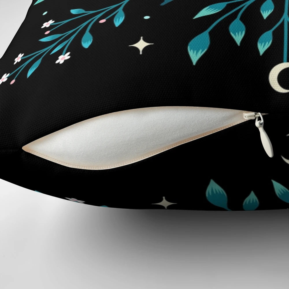 Turquoise pillow with a mystical luna moth design, featuring botanical elements for a boho, witchy vibe.