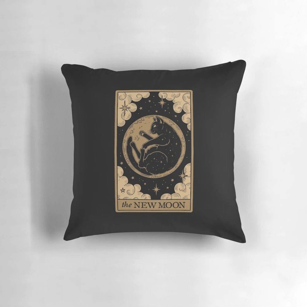 Soft and cozy pillow featuring whimsical moon phase designs, perfect for cat owners interested in tarot, astrology, and witchcraft.