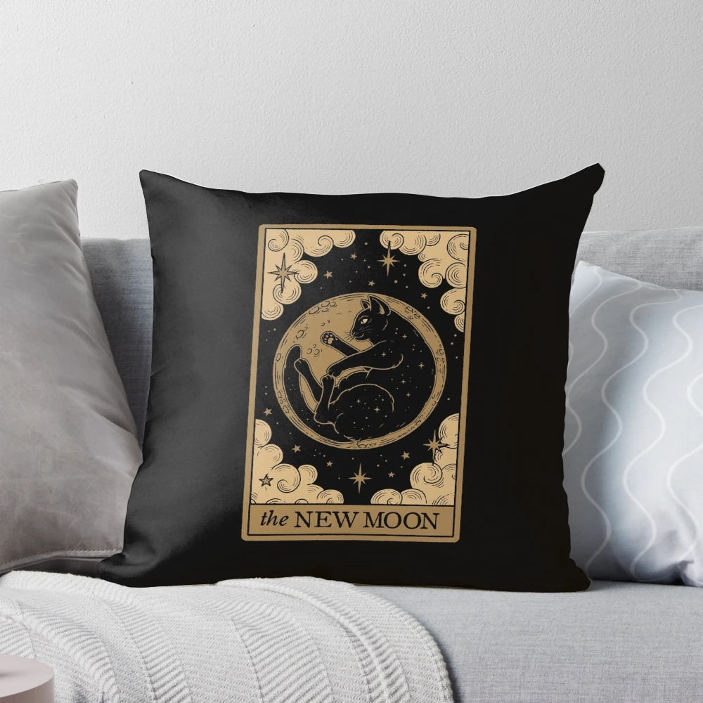 Soft and cozy pillow featuring whimsical moon phase designs, perfect for cat owners interested in tarot, astrology, and witchcraft.