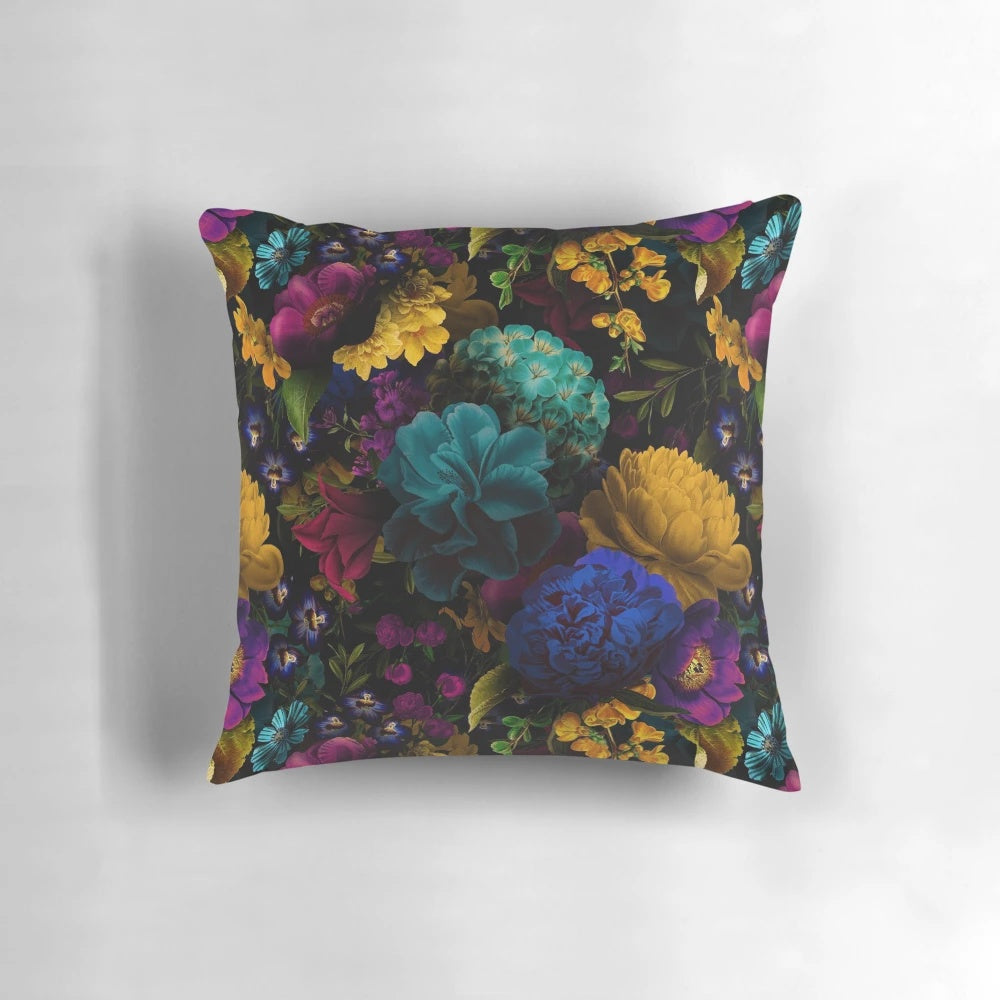 A black and white throw pillow featuring a mystical, botanical night garden pattern.