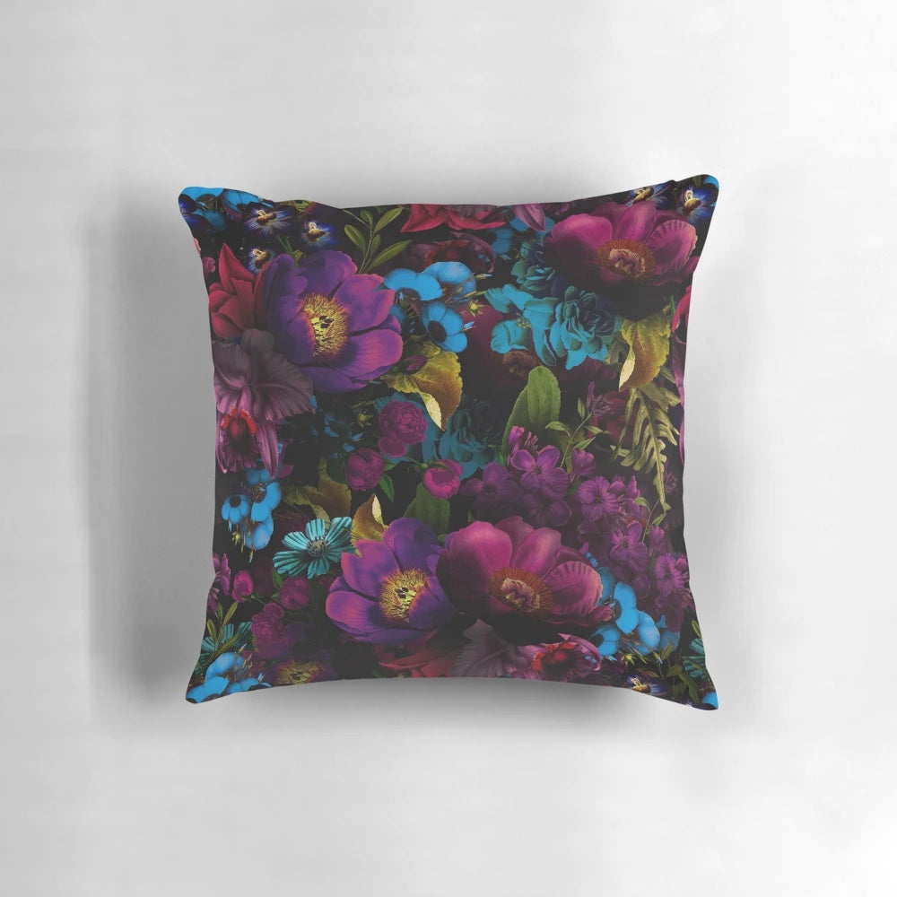 Mystical night garden botanical design pillow with gothic floral pattern