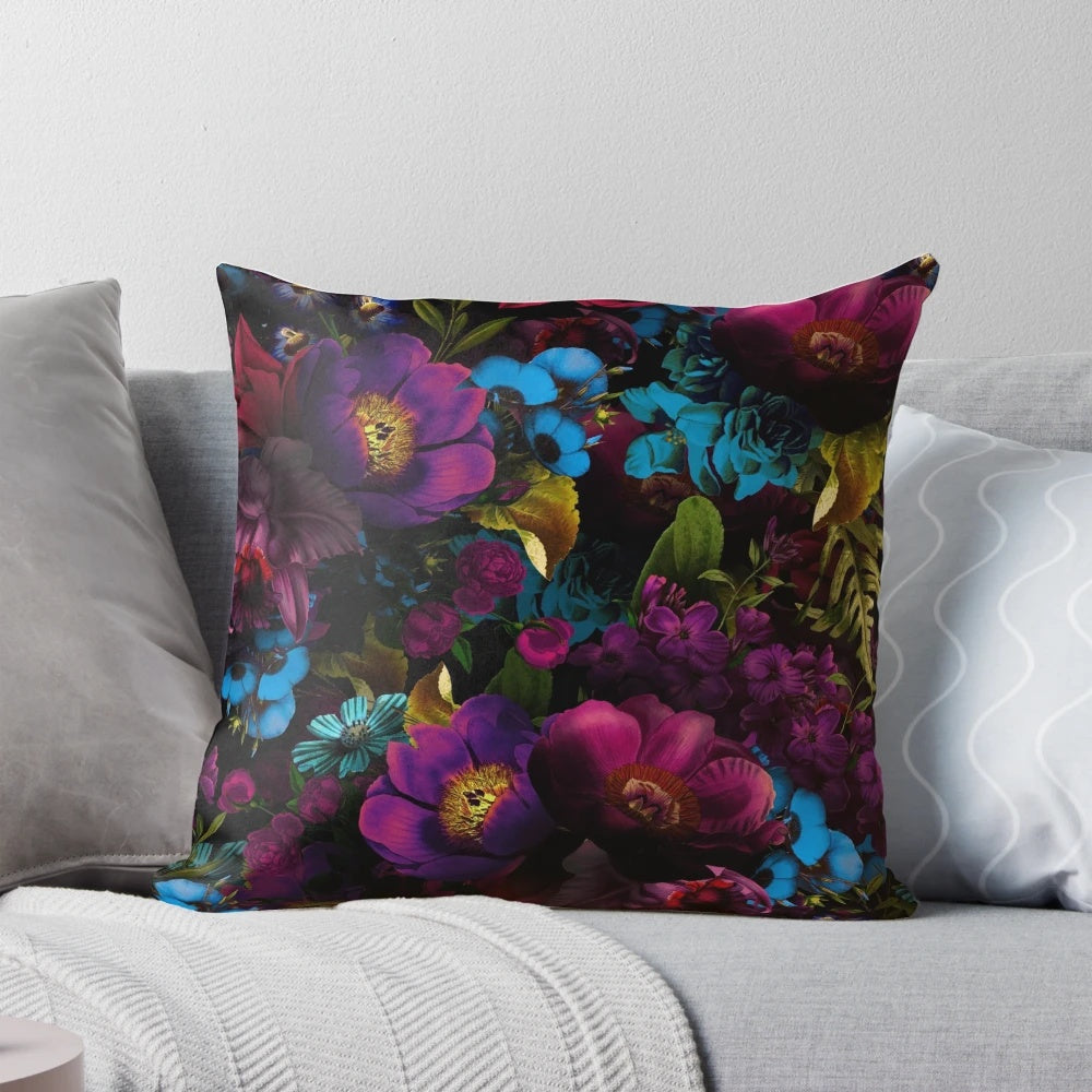 Mystical night garden botanical design pillow with gothic floral pattern