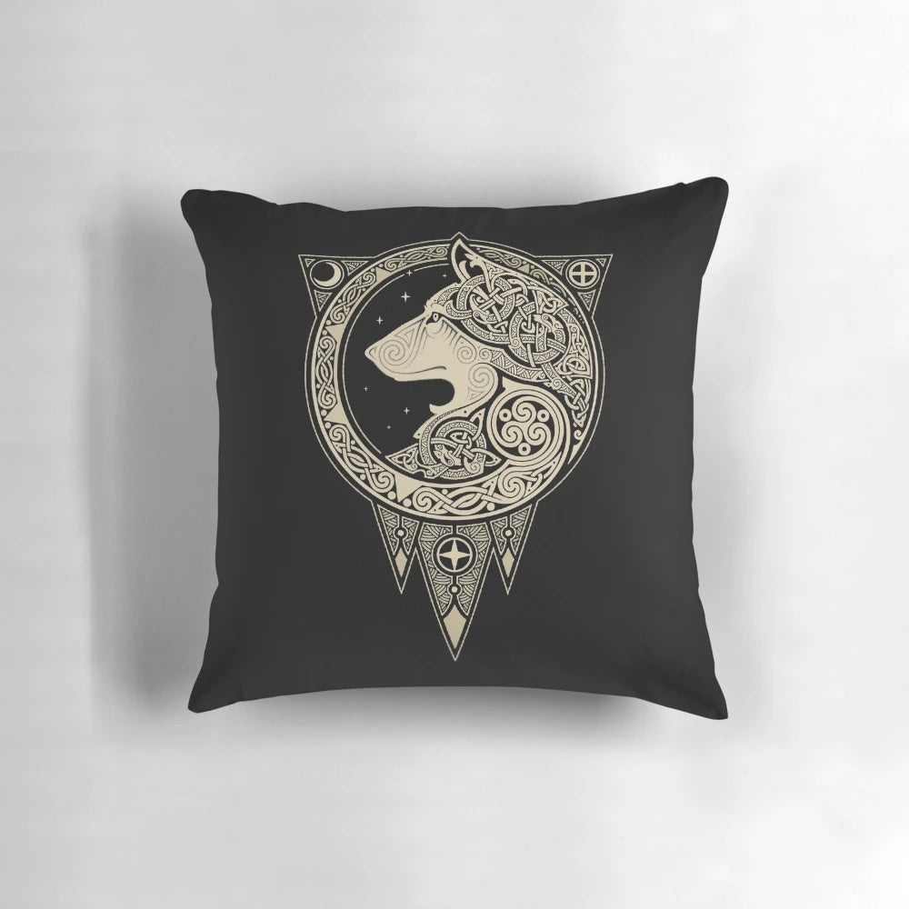 Decorative pillow featuring a mystical Norse wolf illustration with intricate Viking knotwork and Celtic symbols.