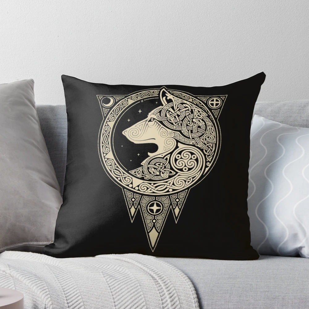 Decorative pillow featuring a mystical Norse wolf illustration with intricate Viking knotwork and Celtic symbols.
