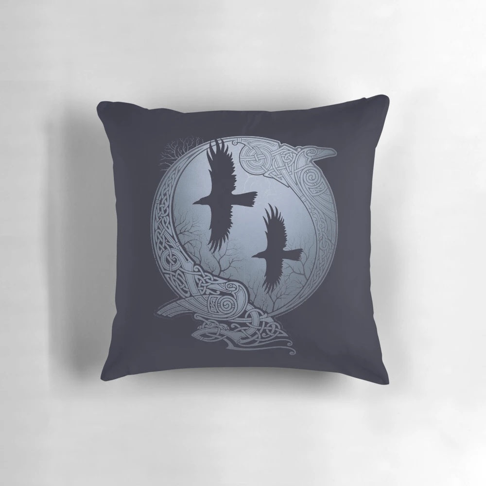 Odin's Ravens Pillow - Featuring Tribal, Mystical Ravens Soaring Across a Moonlit Sky