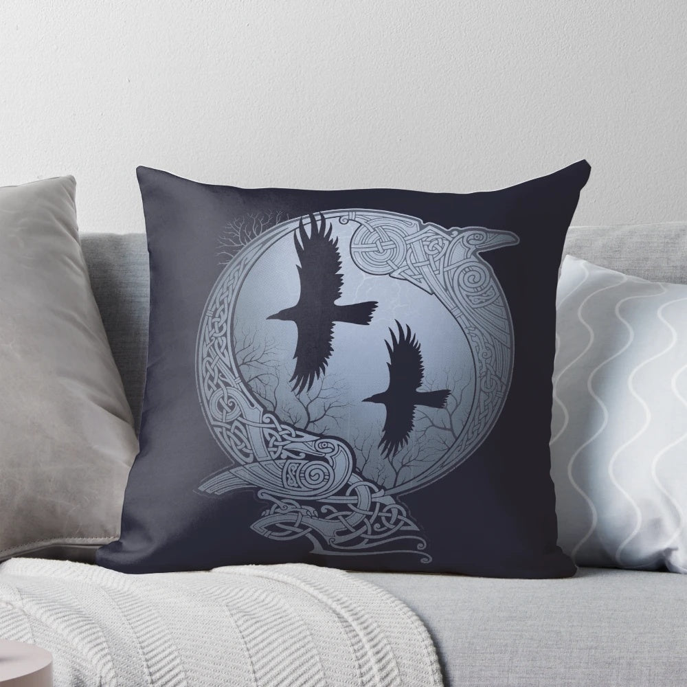 Odin's Ravens Pillow - Featuring Tribal, Mystical Ravens Soaring Across a Moonlit Sky