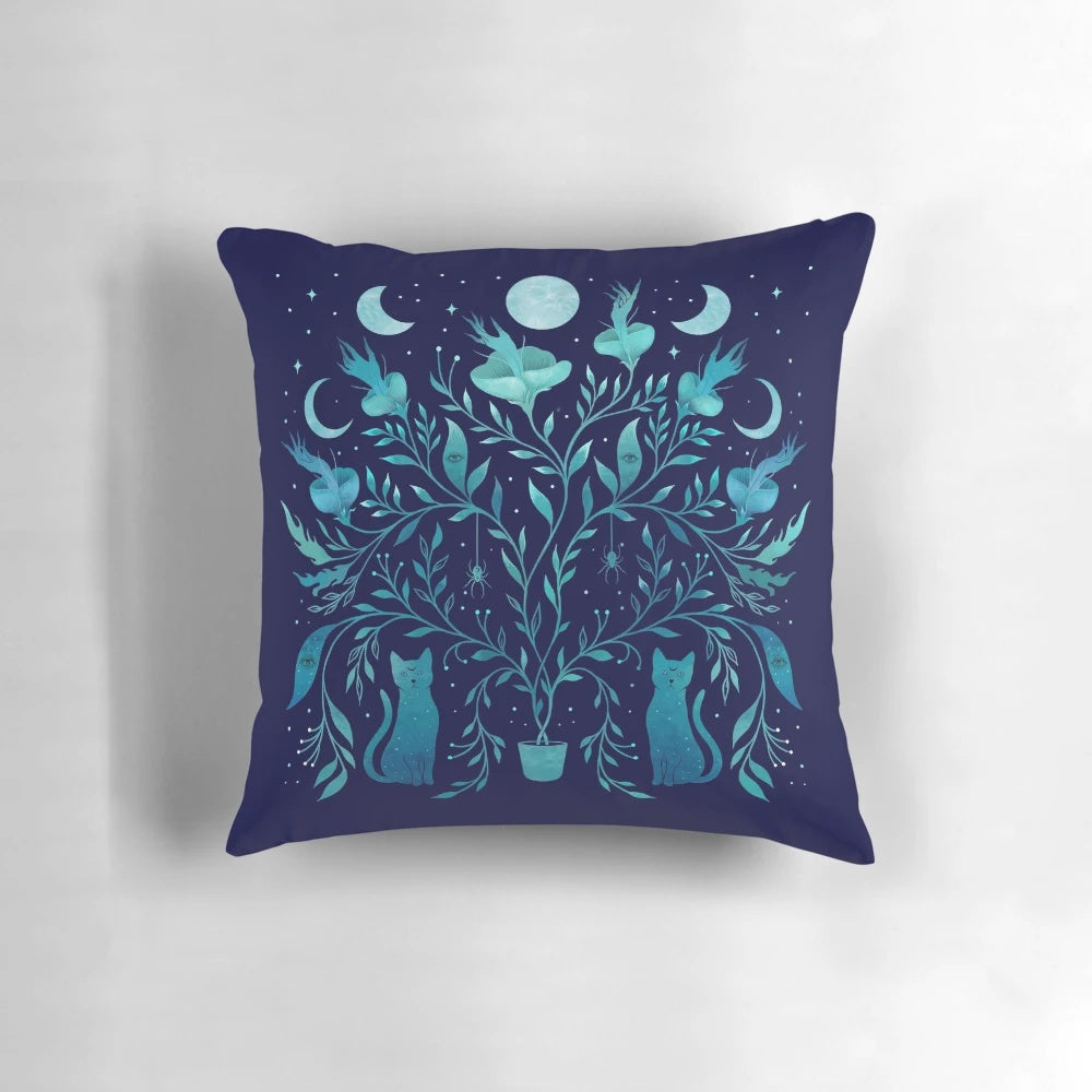 A mystical potted plant pillow with floral and fantasy design elements, perfect for a bohemian or witchy home.