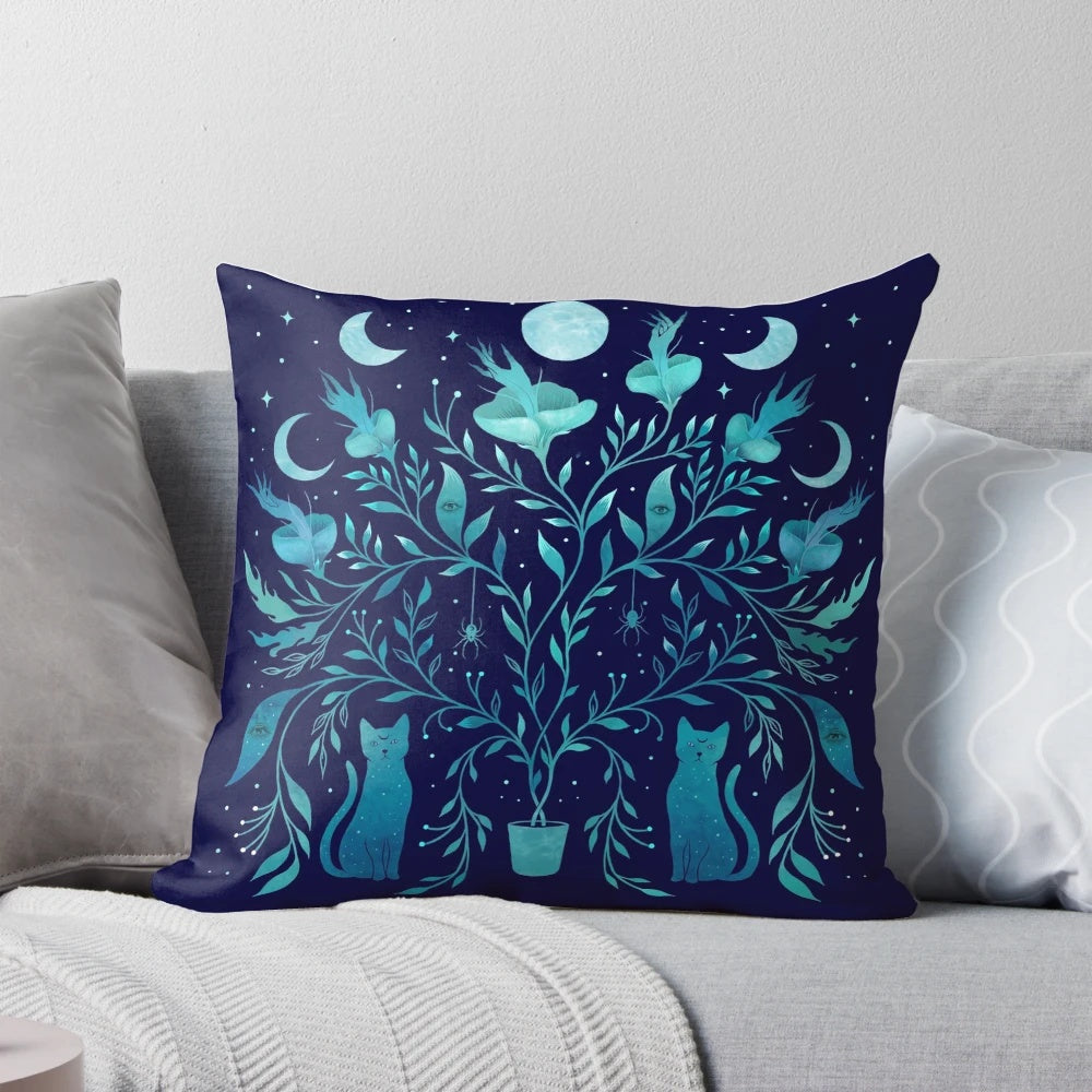 A mystical potted plant pillow with floral and fantasy design elements, perfect for a bohemian or witchy home.