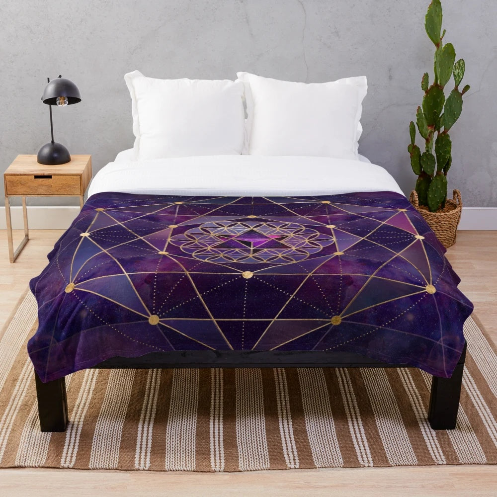Merkabah star tetrahedron in flower of life design on a purple and blue watercolor plush blanket