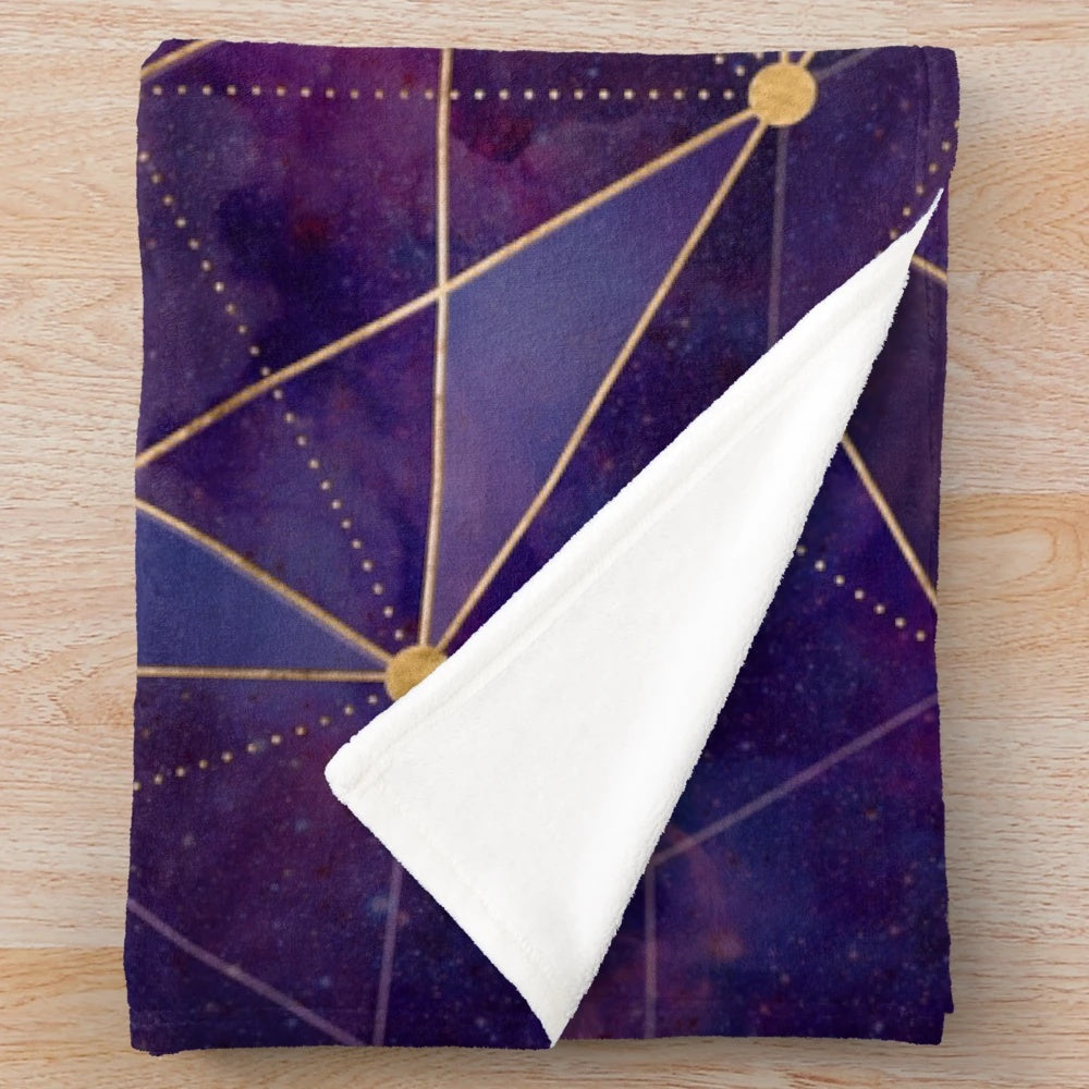 Merkabah star tetrahedron in flower of life design on a purple and blue watercolor plush blanket