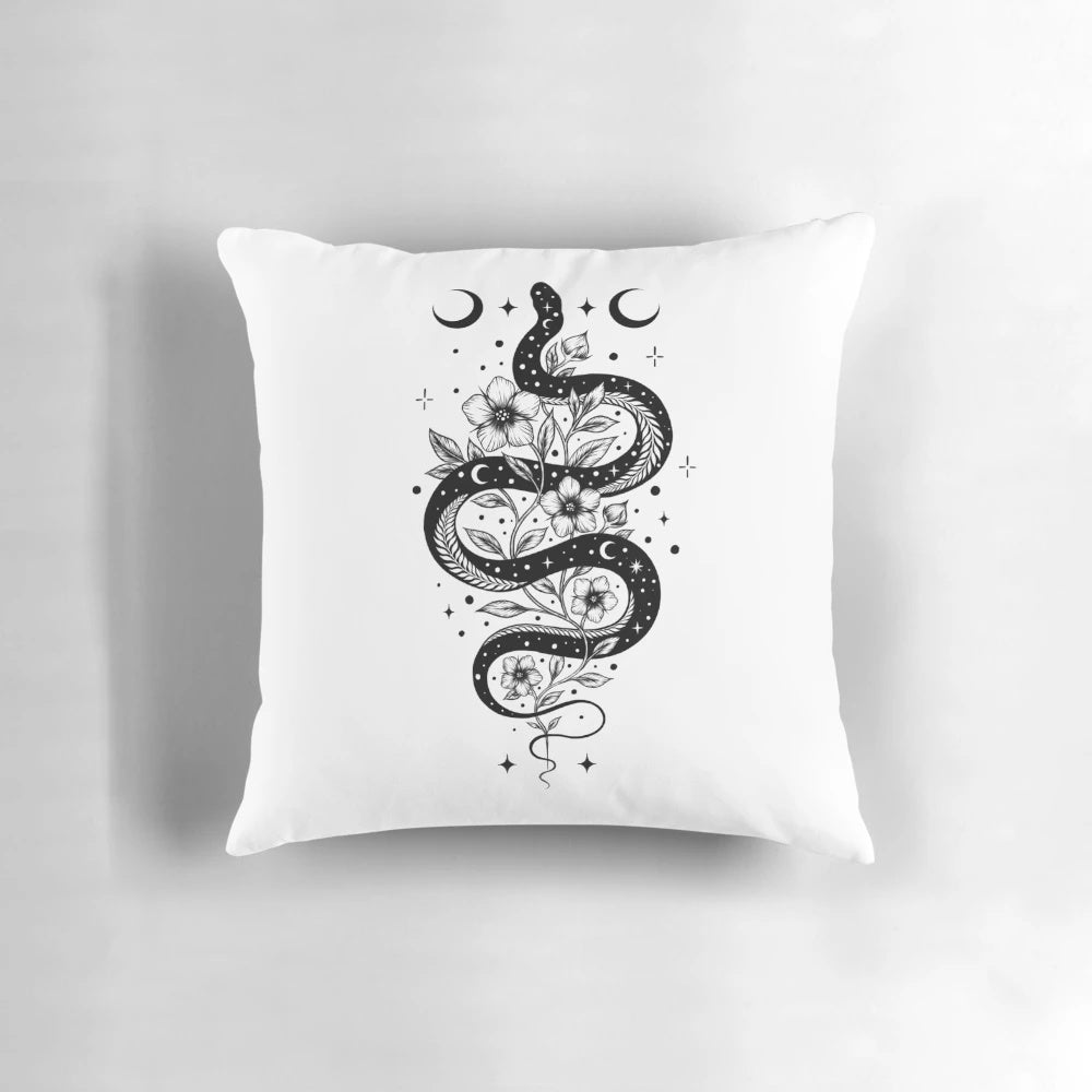 Black and white pillow with a serpent design, perfect for a night garden theme