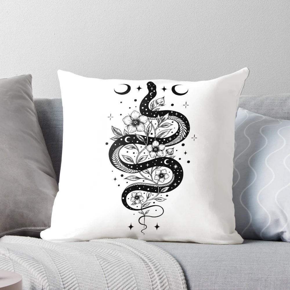 Black and white pillow with a serpent design, perfect for a night garden theme