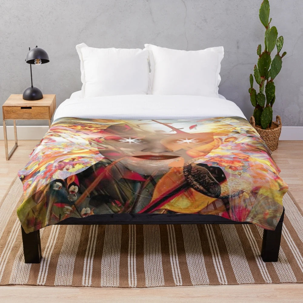 Magical shaman-inspired plush blanket with colorful abstract patterns