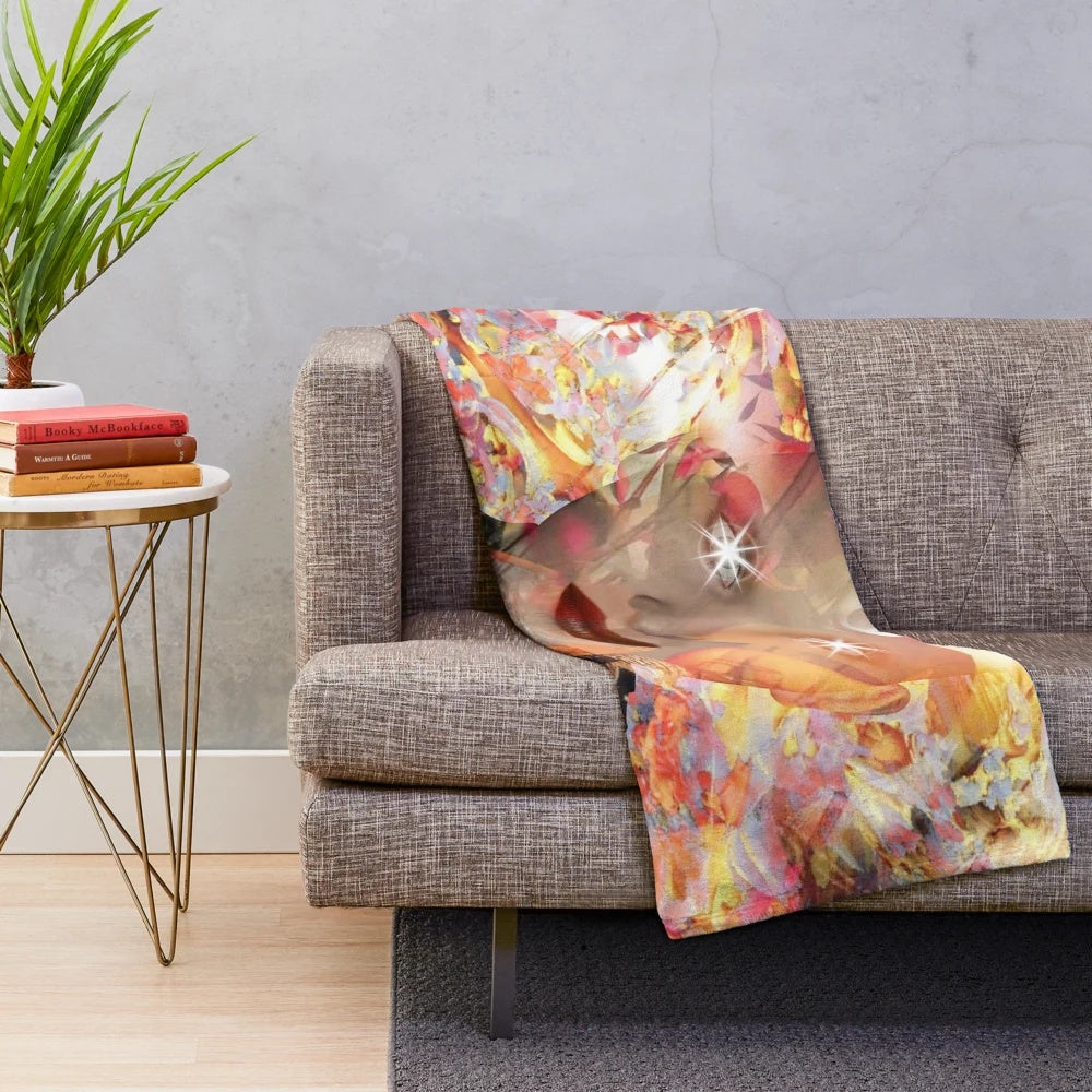 Magical shaman-inspired plush blanket with colorful abstract patterns