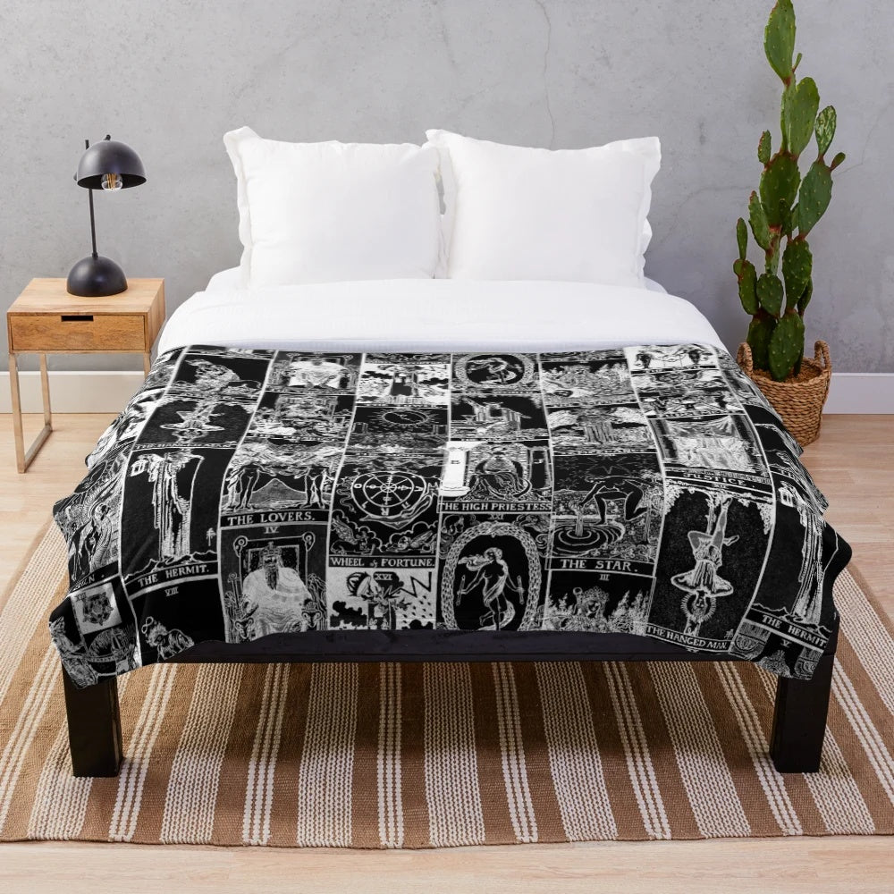 Tarot patchwork plush blanket featuring the Major Arcana of the Rider-Waite tarot deck