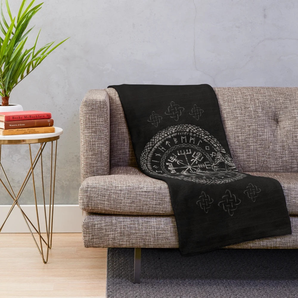 Plush blanket featuring the Vegvisir compass symbol and Ouroboros snake design in a Nordic, mythological style
