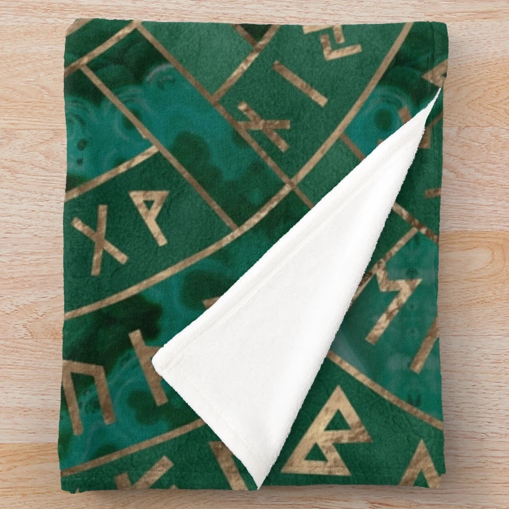 Malachite plush blanket featuring the Yggdrasil tree of life and futhark runes from Norse mythology