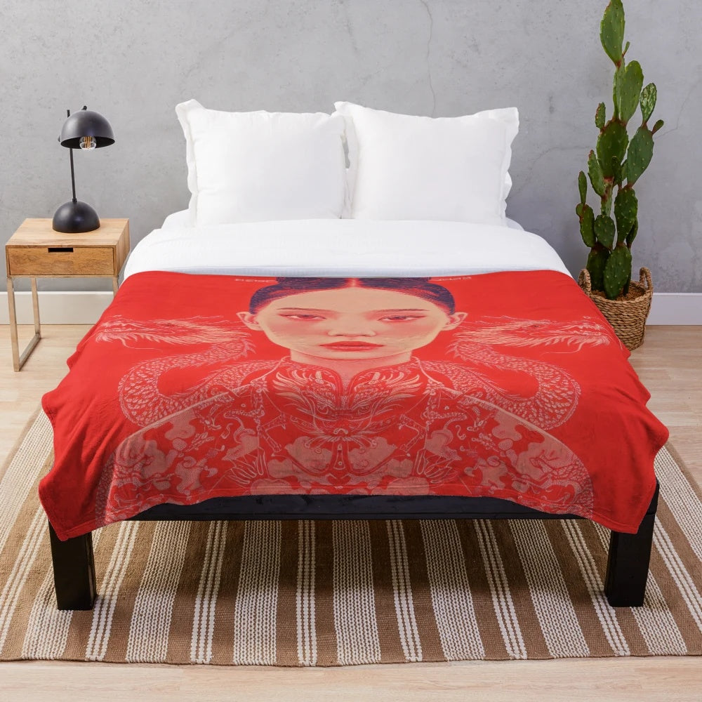 Stylized dragon portrait plush blanket for modern home decor