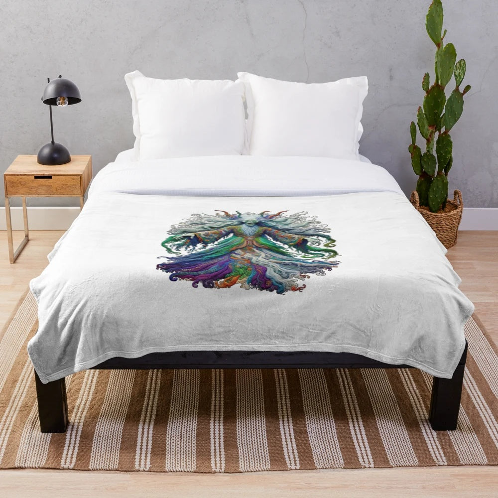Embroidered plush blanket featuring a mythical banshee creature