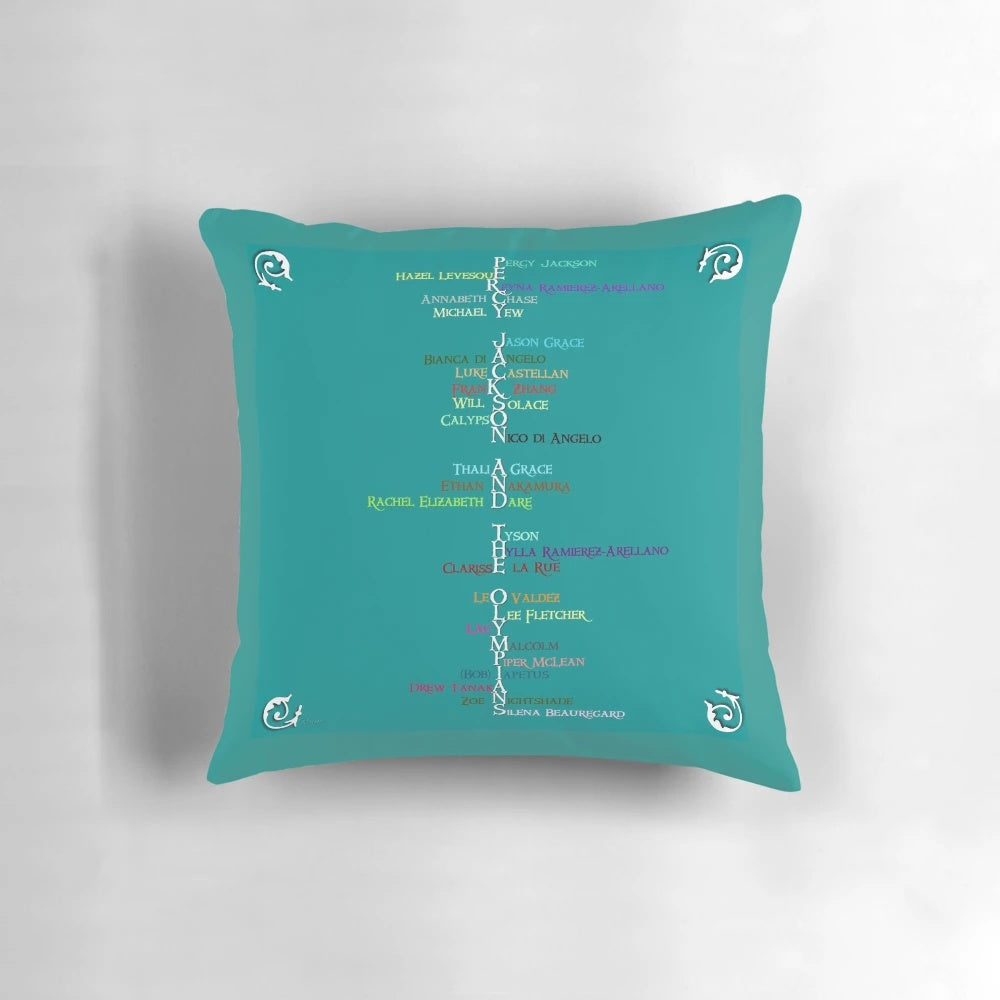 Colorful word art pillow featuring characters from the Percy Jackson book series