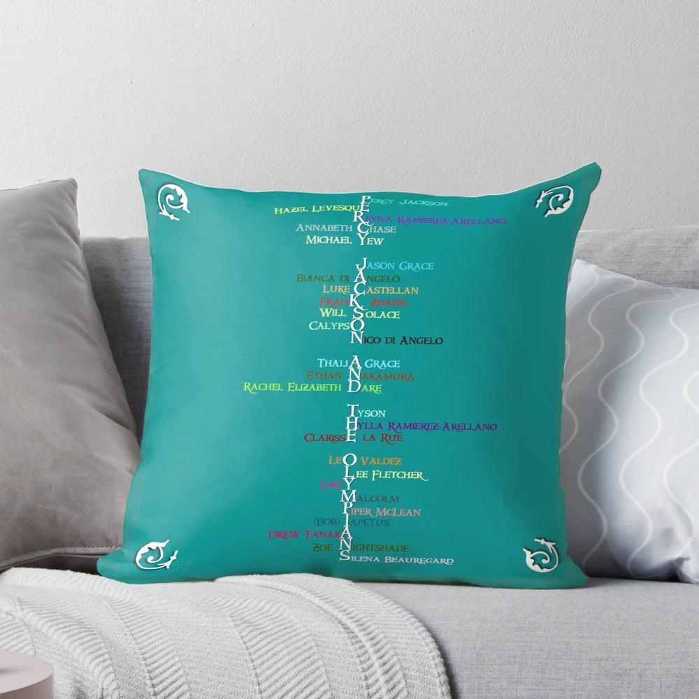 Colorful word art pillow featuring characters from the Percy Jackson book series