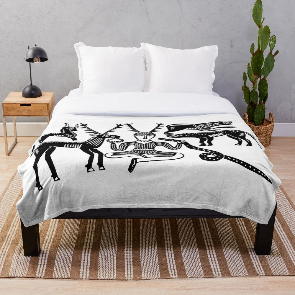 Plush blanket depicting the Celtic god Cernunnos and forest animals from the Gundestrup Cauldron