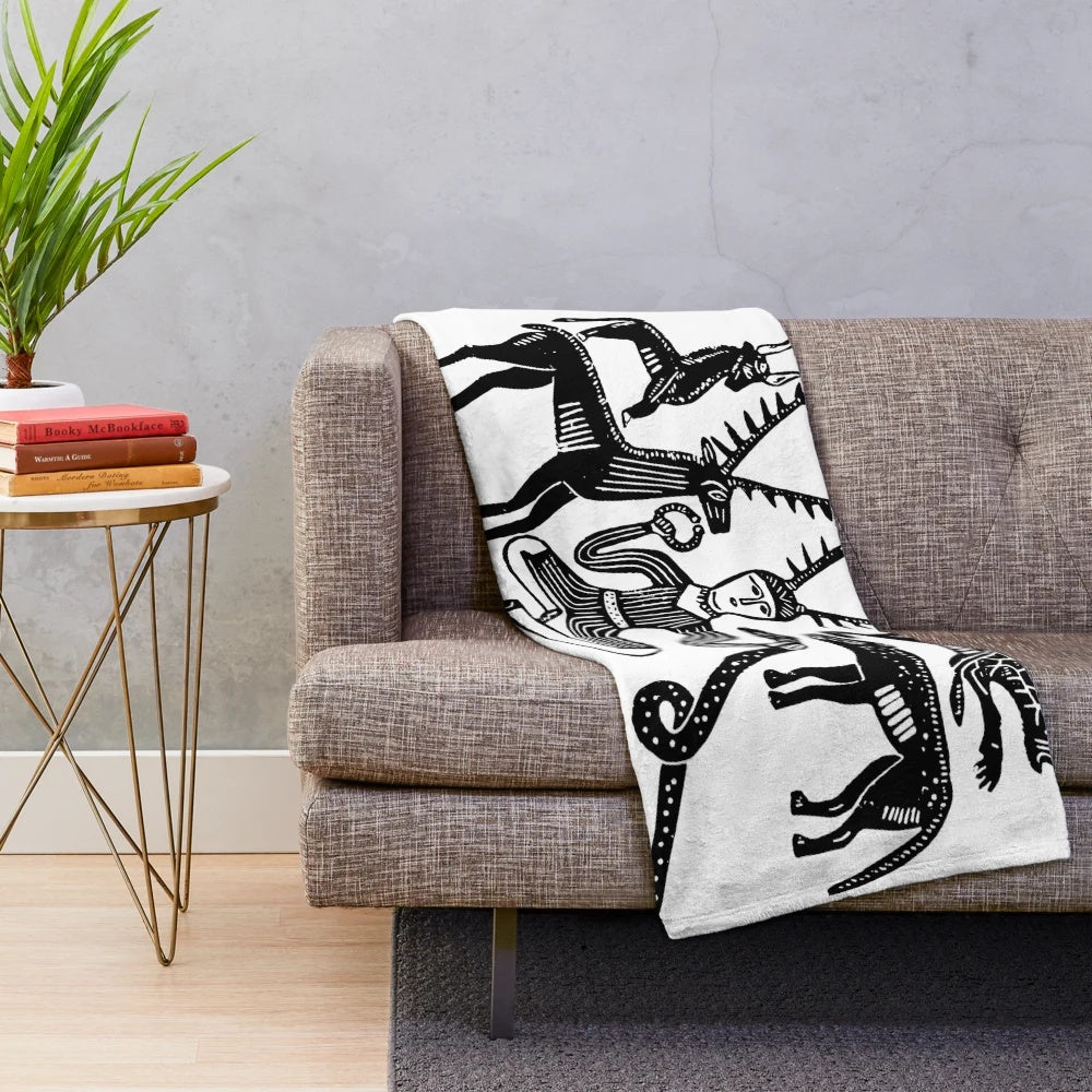 Plush blanket depicting the Celtic god Cernunnos and forest animals from the Gundestrup Cauldron