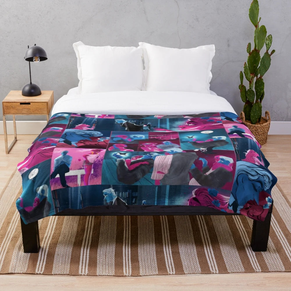 Lore Olympus-inspired plush blanket featuring a collage of Hades, Persephone, and other Greek gods
