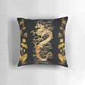 Gold dragon design on a black pillow with lotus flowers and an egret bird, showcasing a nature-inspired, zen-like aesthetic.