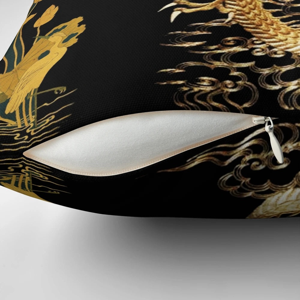 Gold dragon design on a black pillow with lotus flowers and an egret bird, showcasing a nature-inspired, zen-like aesthetic.